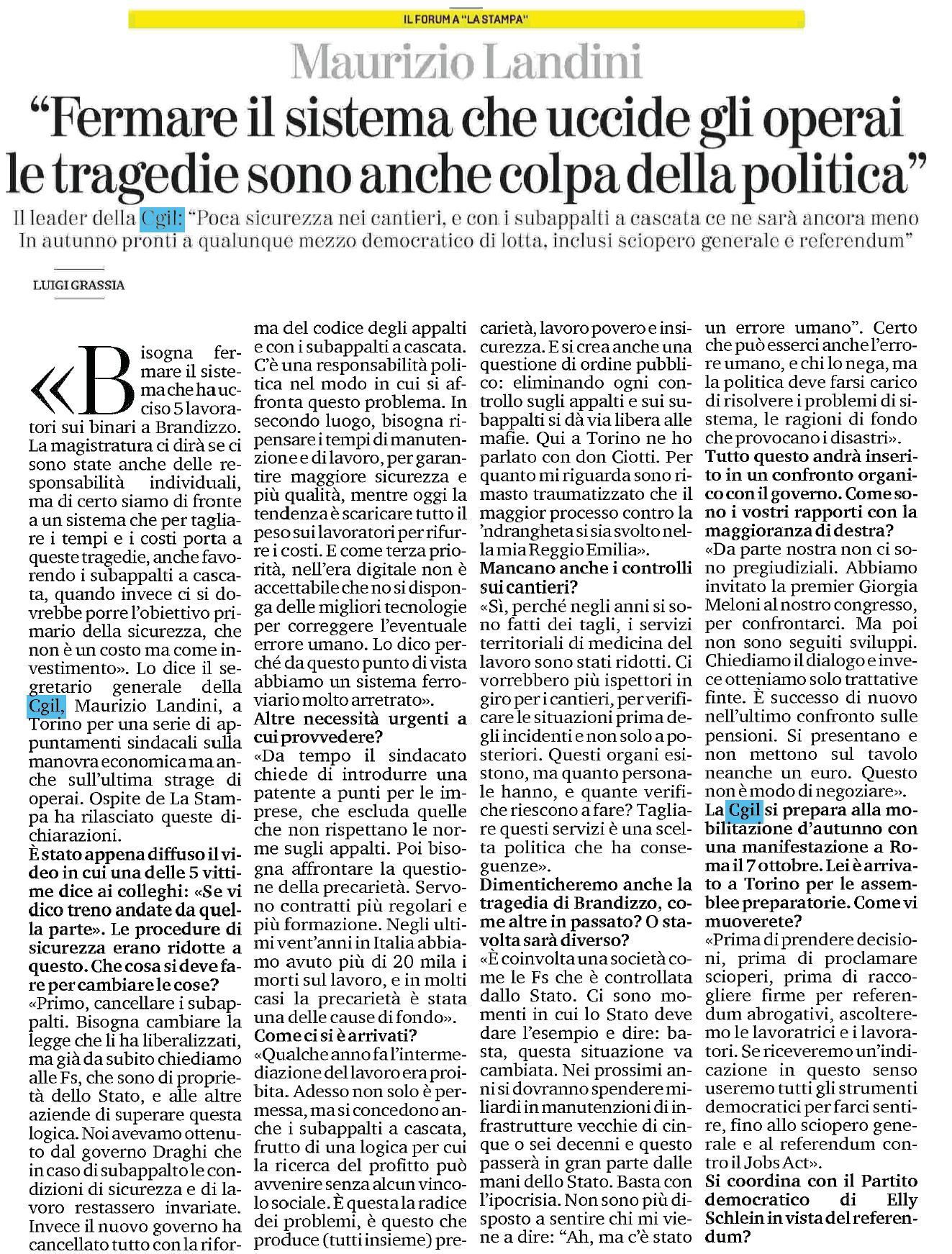 06 settembre 2023 la stampa landini Pagina 1