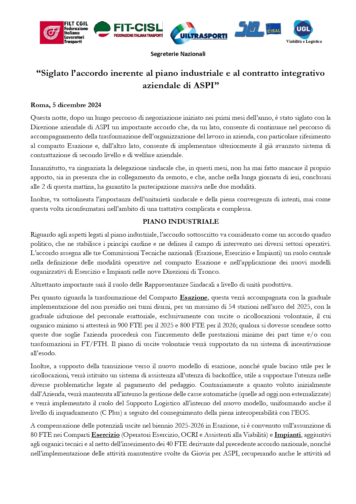 ASPI Comunicato piano industriale e II livello pag1 page 0001