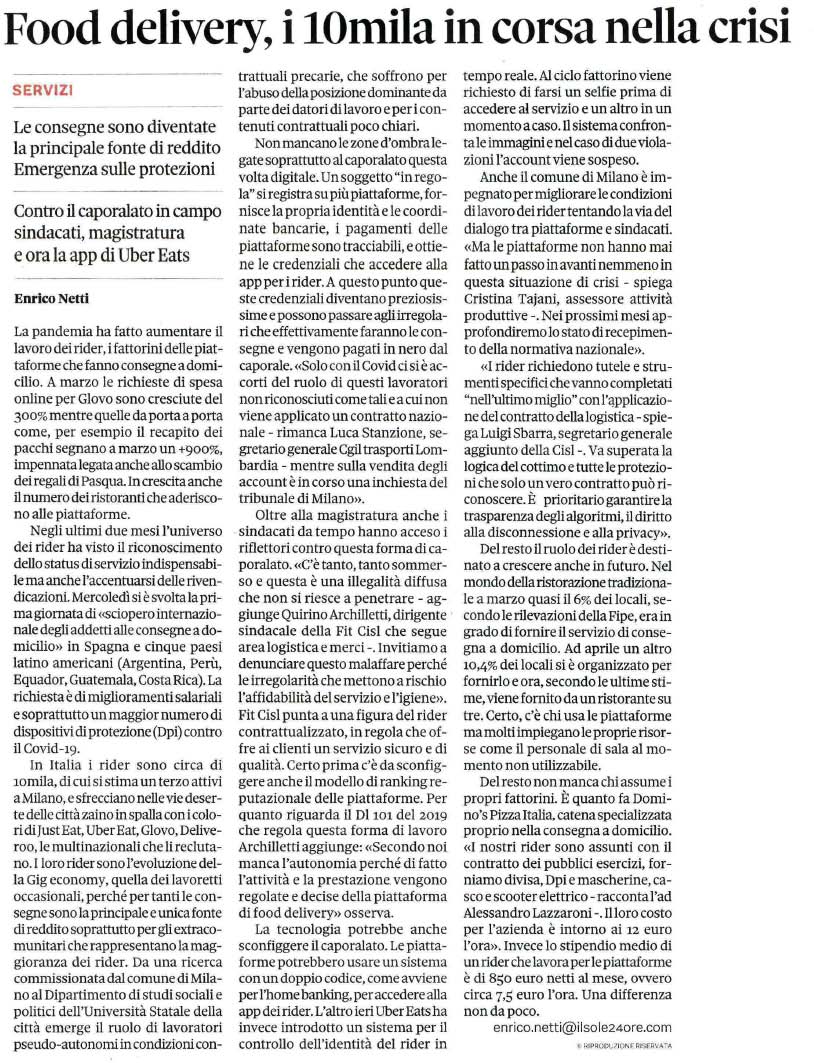 25 aprile 2020 il sole24ore rider