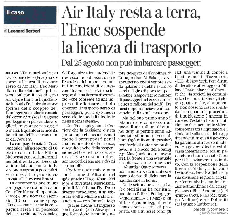 31 agosto 2020 corriere della sera air italy